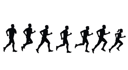 A silhouette of a group of marathon runners at the starting line, poised to begin the race. Minimalist vector graphic, isolated on a clean white background.