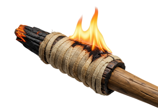 Burning wooden torch PNG isolated on transparent background, ancient light source for camping and historical reenactment