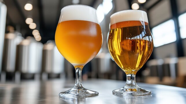 Two Glasses of Craft Beer on a Metal Table in a Brewery, Showcasing Different Hues and Foam, Perfect for Beer Enthusiasts