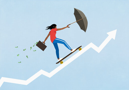 Woman with money briefcase and umbrella riding skateboard up ascending chart arrow
