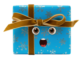 Isolated cartoon character of wrapped gift box with surprised expression close up
