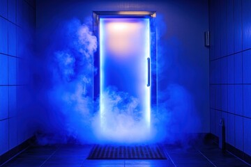 Glowing doorframe with blue light emanating and swirling fog