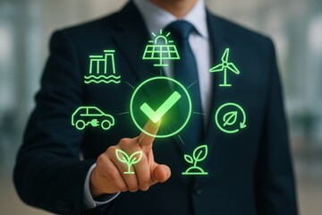 Businessman Interacting with Eco-Friendly Iconography to Represent Sustainable Energy Solutions and Innovation