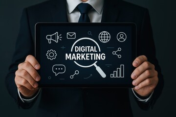 Man in Suit Holding Tablet with Digital Marketing Icons and Graphics in a Professional Setting