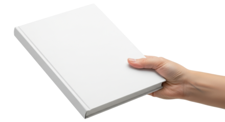 hand holding a blank white hardcover book, cover mockup for a novel or diary. Isolated on transparent background, png