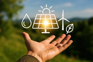 Hand Reaching Out with Solar, Wind, and Water Icons Symbolizing Renewable Energy and Sustainability