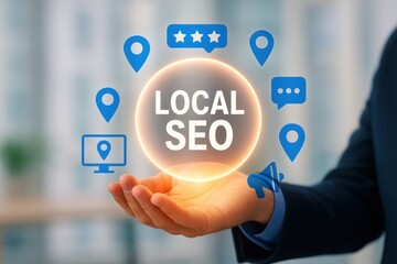 Local SEO Concept with Graphic Icons Representing Digital Marketing, Online Business, and Customer Engagement