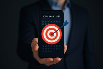 Target Achievement Concept with Smartphone Showing Bullseye and Future Years in Business Strategy