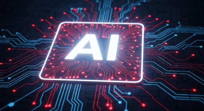 Glowing "AI" text in a circuit board design with vibrant red and blue lines
