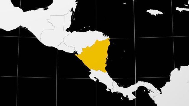 Nicaragua map. Animated zoom into the country on the Globe in Black White color palette. Country logo animation. Map with meridians, parallels. Beautiful video.