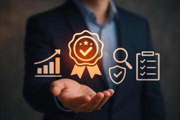 Hand Holding Icons Representing Achievement, Quality, Growth, and Evaluation in Business Context