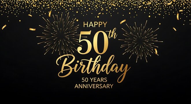 Golden 50th Birthday Celebration with Fireworks and Confetti.