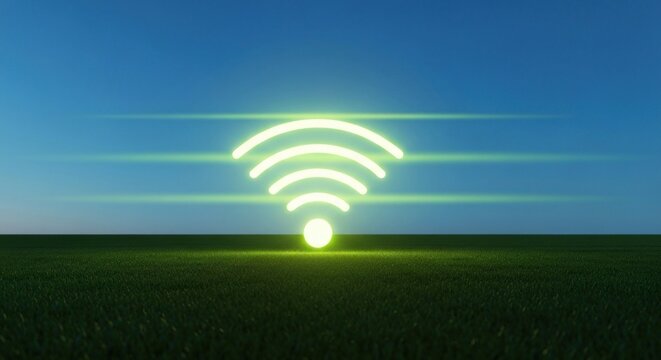 Glowing WiFi icon in a field with blue sky background