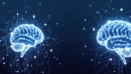Obraz premium Glowing digital brains connected by circuit boards & particles on a dark blue background