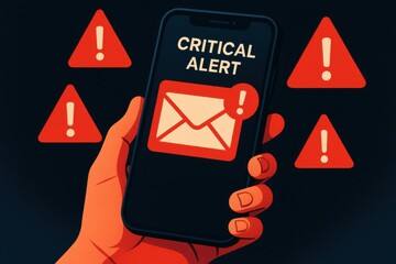 Hand Holding Smartphone with Critical Alert Notification on Dark Background and Warning Symbols Surrounding