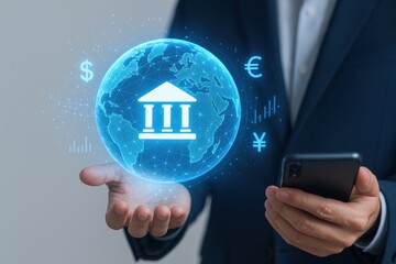 Virtual Banking Symbols with Globe Representing International Finance and Currency Exchange Concepts