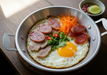 Vietnamese Breakfast - Fried Eggs, Sausage, and Vegetables in a Pan.