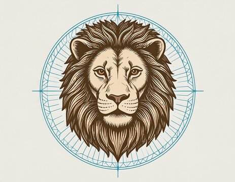 A majestic lion's head, centered against a subtle background, framed within a compass rose design, detailed with a vintage illustration style