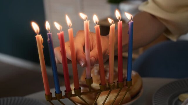 Cropped close up slowmo of hands of unrecognizable woman putting burning candle shammash on hanukkiah, preparing festive table for Hanukkah celebration at home