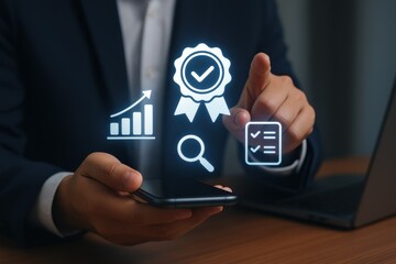 Businessman Using Smartphone with Growth Chart, Badge, and Checklist Icons for Digital Marketing Concept