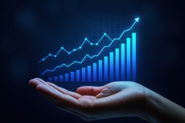 Business Growth Hand Chart with Rising Graphs and Blue Background for Financial Success Concept
