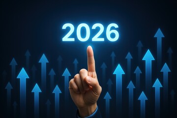 Hand Pointing Upward Toward Bright Blue Number 2026 Against Dark Background with Rising Arrows