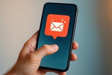 Hand Holding Smartphone Displaying Email Notification Icon on Blurred Background