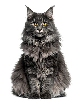 A majestic, long-haired feline of a dark, smoky hue is posed centrally against a clean white backdrop, staring directly at the viewer