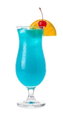 Refreshing Blue Lagoon Cocktail with Orange Slice and Cherry Garnish.
