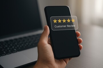Hand Holding Smartphone Displaying Customer Review with Five Stars Rating on a Wooden Desk