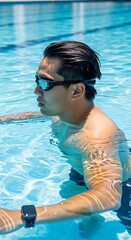Determined Swimmer in Pool with Goggles and Smartwatch.