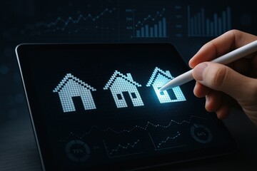 Digital Representation of House Designs with Financial Charts on Tablet Screen at Night