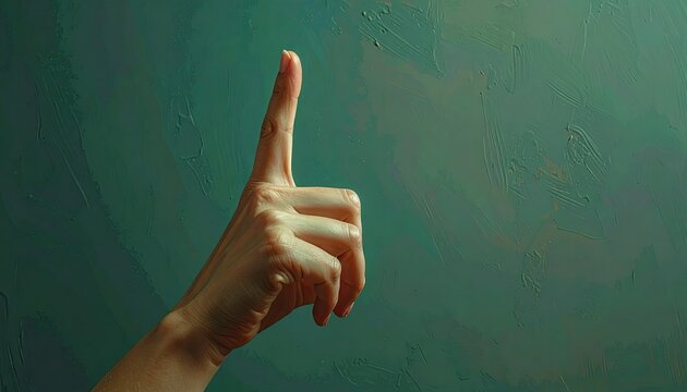 Human Hand Gesture Finger Pointing Up Against Aqua Green Textured Wall in Studio Lighting Revealing Veins Artistic Composition Abstract Conceptual