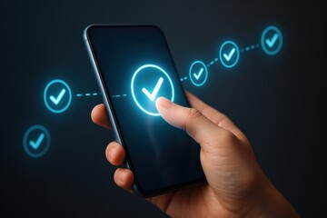 Hand Using Smartphone Touchscreen to Select Confirm Button with Check Mark Interface in Dark Background