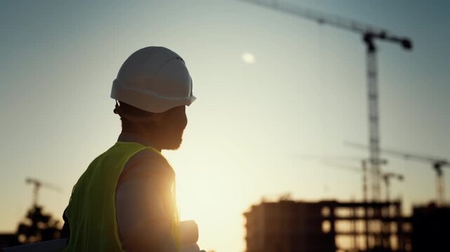 Expert on construction site, man viewing building process, cinematic shot. Back view of professional foreman or architect at modern building site in sunrise or sunset, innovation in construction