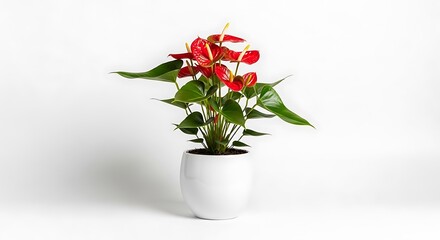 Anthurium plant in white pot with vibrant red flowers.