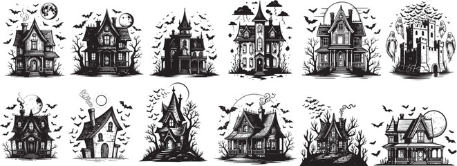 Collection of spooky haunted houses with bats and silhouettes for halloween decorations and designs vector