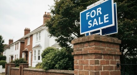 Obraz premium House For Sale Brick post w/ blue sign in front of residential properties