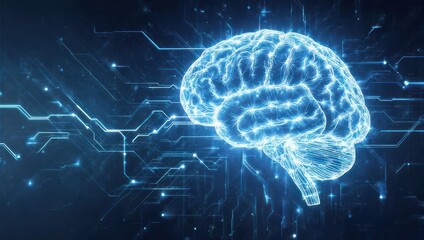 Fototapeta premium Glowing digital brain with circuit board background, representing AI and neural networks