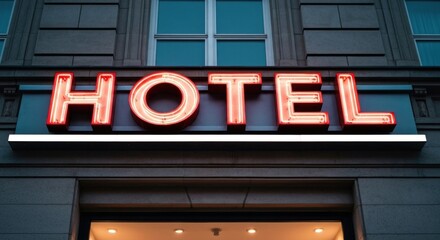 Obraz premium Hotel sign illuminated at dusk