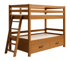 A space-saving high-rise bed with ladder access and under-bed storage drawers.