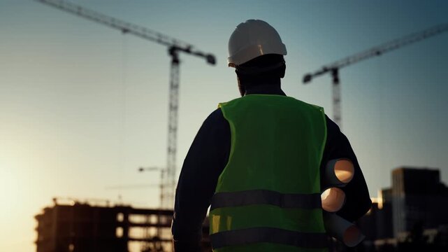 Innovation in construction, foreman walking on building site in sunset, rearview . Professional builder with protective helmet and vest strolling alone in construction area in sunset, cinematic view