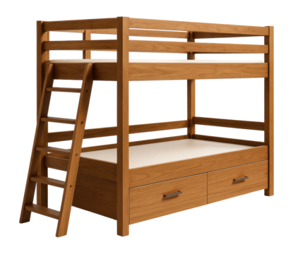 A space-saving high-rise bed with ladder access and under-bed storage drawers.