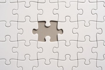 White jigsaw puzzle with one missing piece in the center symbolizing problem solving or incompleteness on a neutral background. Ai generative. Ai generative