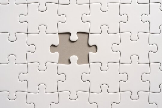 White jigsaw puzzle with one missing piece in the center symbolizing problem solving or incompleteness on a neutral background. Ai generative. Ai generative