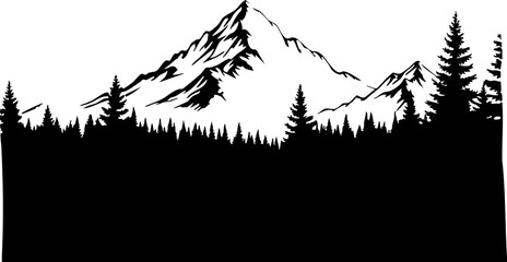 Majestic snow-capped mountain peak emerges above a dense forest silhouette creating a stunning natural vista for adventure and wilderness themes