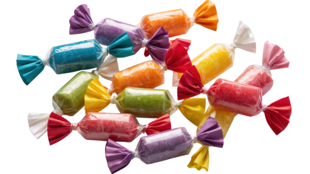 A vibrant assortment of individually wrapped colorful candies scattered in a pile isolated on transparent background