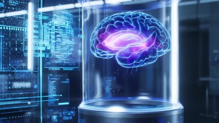 A glowing brain encased in glass, flanked by data displays, futuristic concept - Powered by Adobe