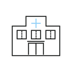 Hospital Building Icon with Blue Cross Symbol – Simple and Minimal Vector Illustration, line art, monoline
