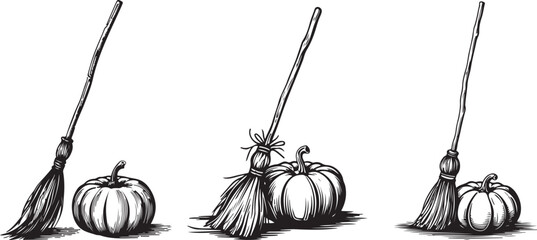 Whimsical halloween witch brooms and pumpkins hand drawn sketch on vector